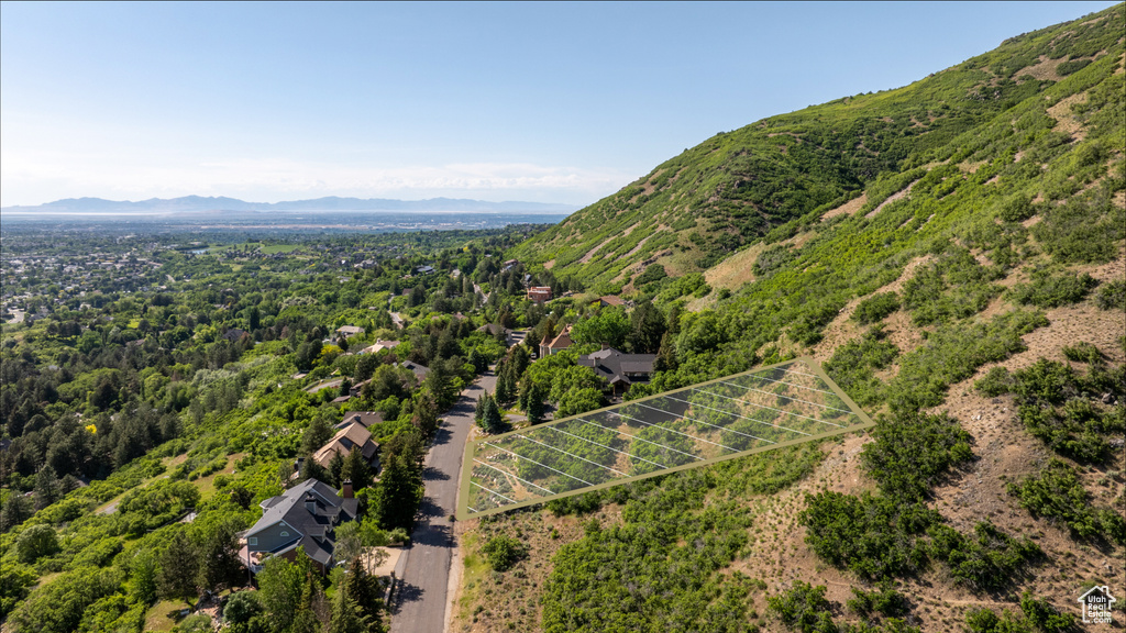 Aerial view of mountains and a heavily wooded area