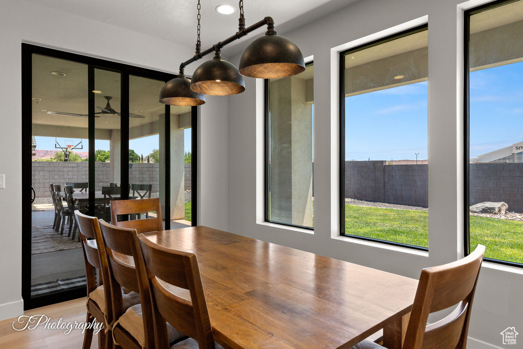 Dining area with ceiling fan and wood finished floors