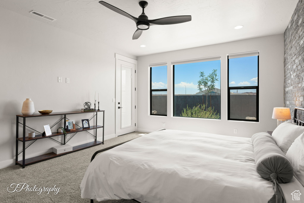 Bedroom featuring carpet, baseboards, recessed lighting, and ceiling fan
