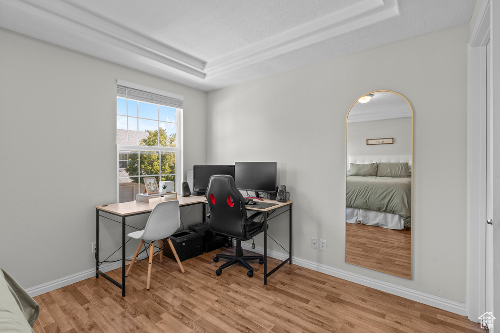 Office area featuring a tray ceiling, wood finished floors, and baseboards
