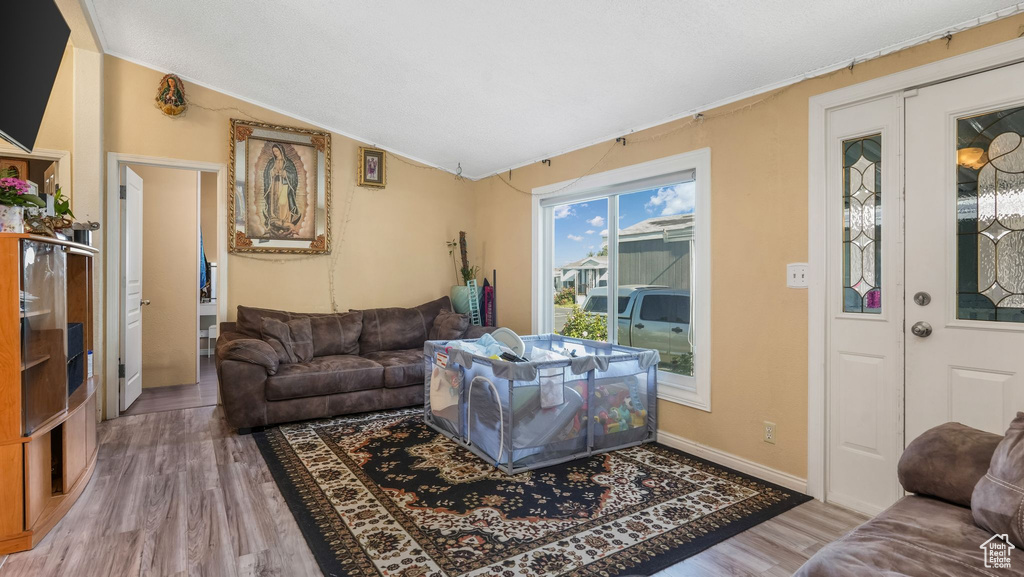 Living room with wood finished floors, lofted ceiling, and baseboards