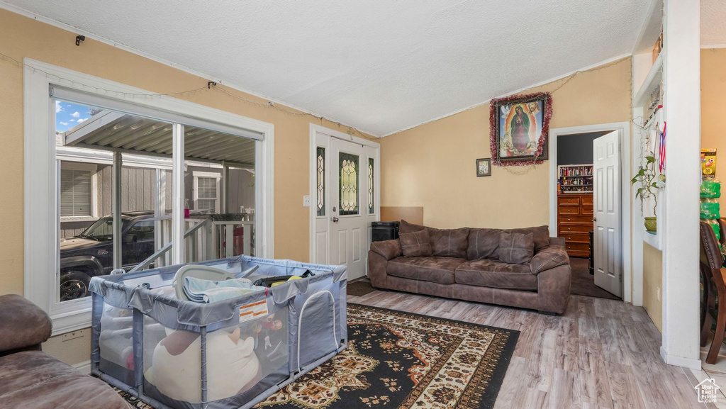 Living room featuring wood finished floors and lofted ceiling