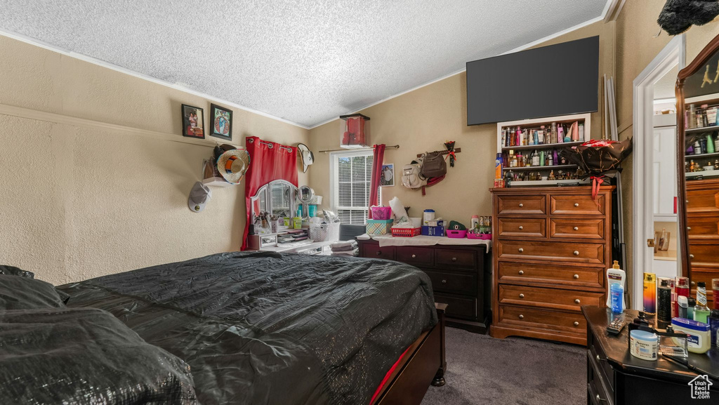Carpeted bedroom with a textured ceiling, lofted ceiling, a textured wall, and ornamental molding
