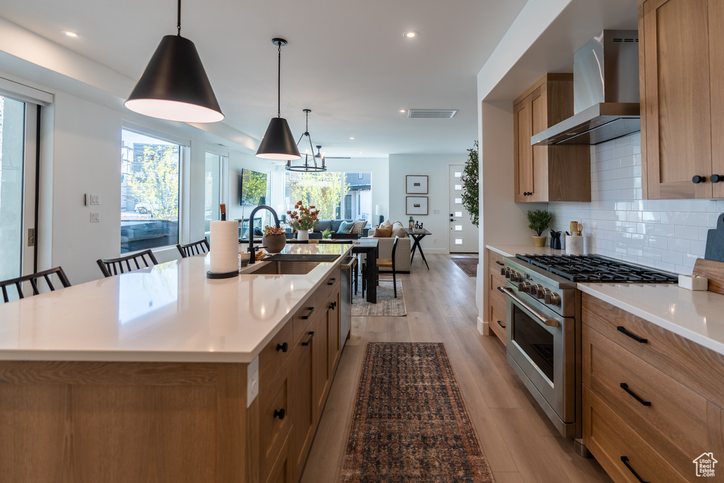 Kitchen with wall chimney range hood, stainless steel appliances, a sink, decorative backsplash, and light wood-style flooring