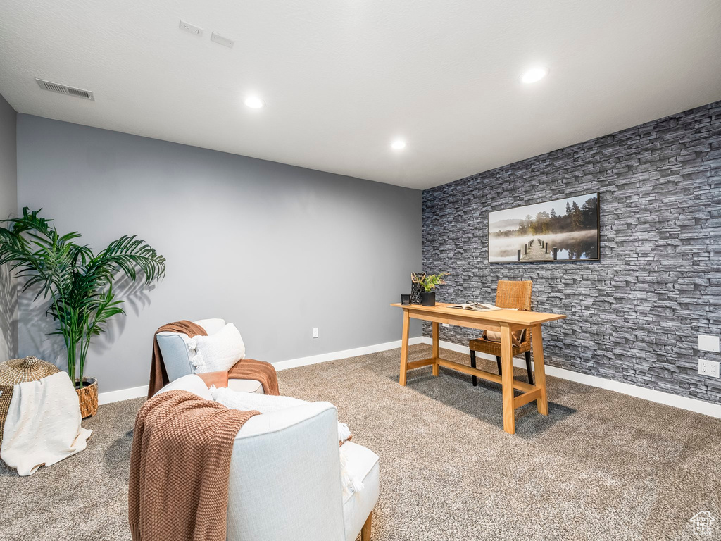 Home office with carpet floors, baseboards, and recessed lighting