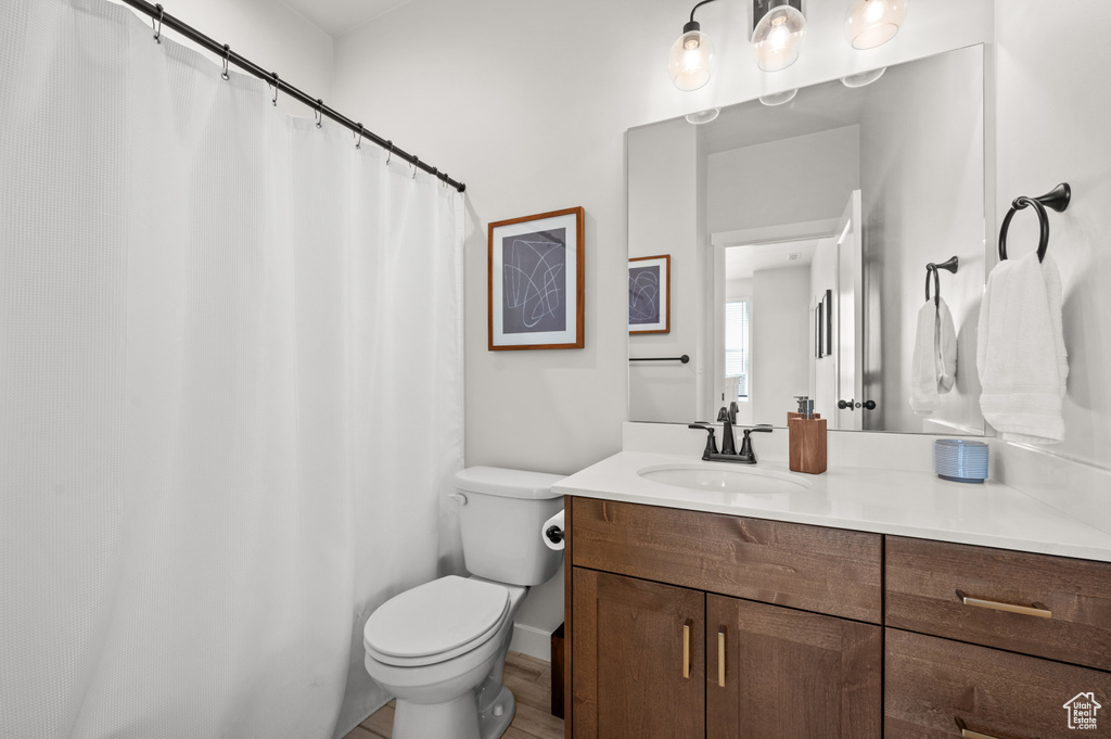 Bathroom featuring vanity, toilet, and wood finished floors