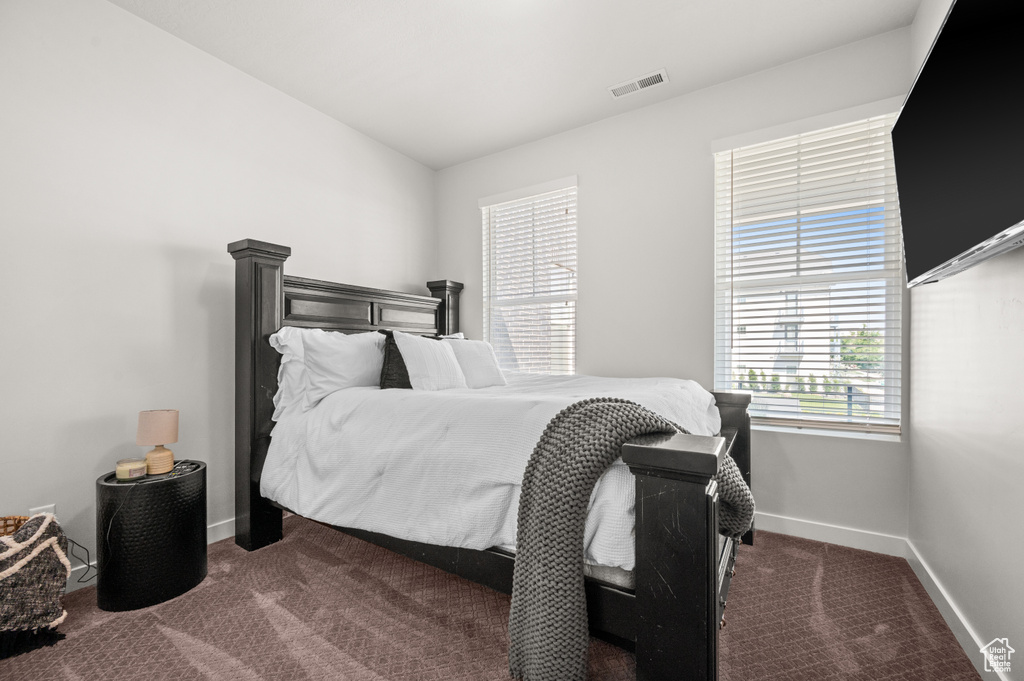 Carpeted bedroom featuring baseboards and lofted ceiling