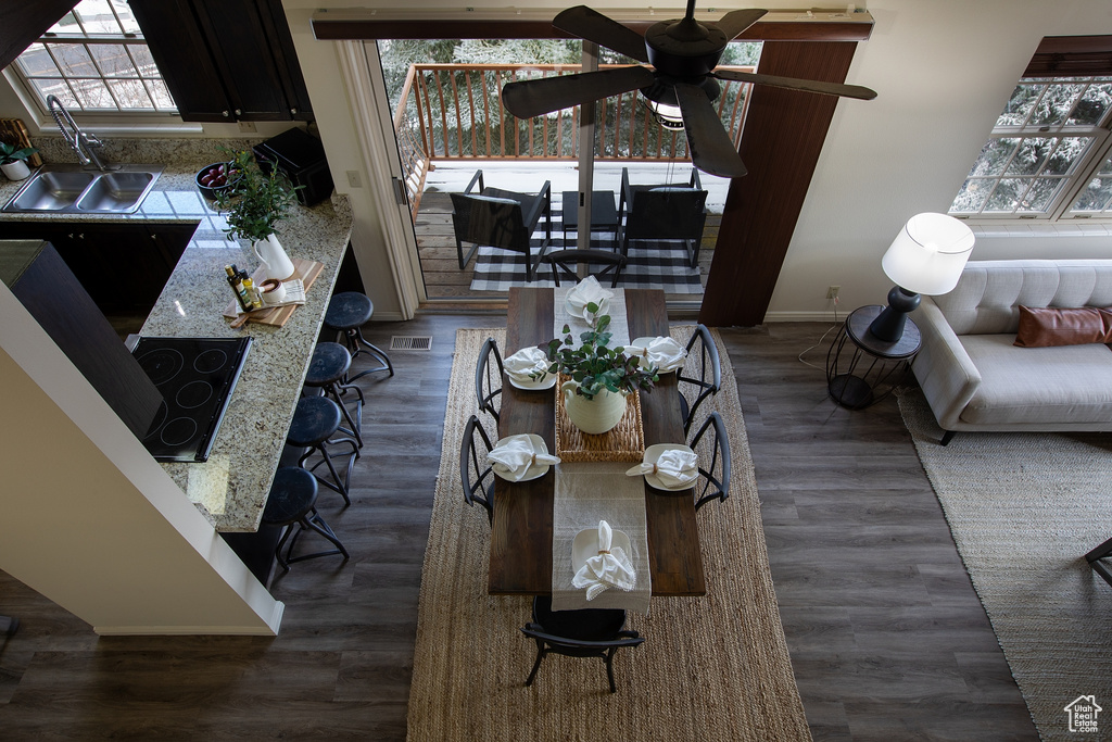 Dining room featuring baseboards, healthy amount of natural light, a ceiling fan, and dark wood-style flooring
