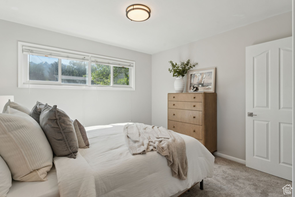 Bedroom featuring carpet floors and baseboards