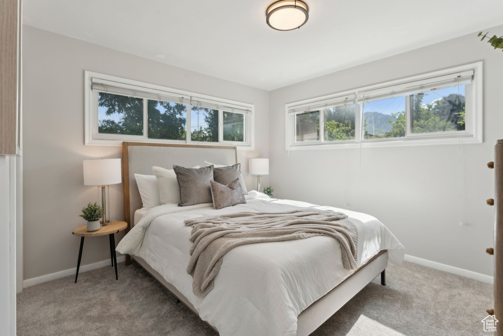 Bedroom featuring carpet flooring and baseboards