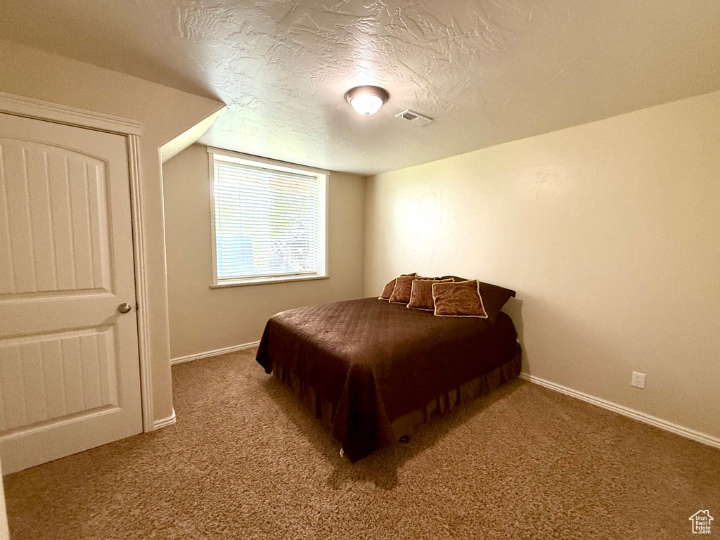 Bedroom featuring carpet, a textured ceiling, and baseboards