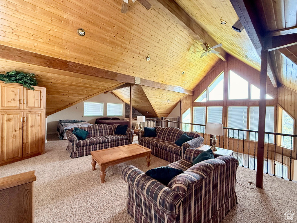 Living room with carpet, a ceiling fan, and wooden ceiling