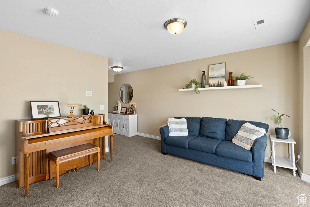Carpeted living area with baseboards
