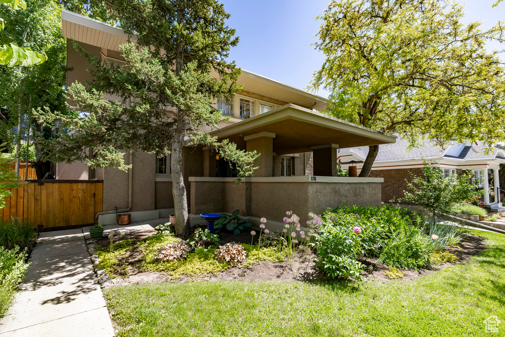 View of front of home featuring stucco siding