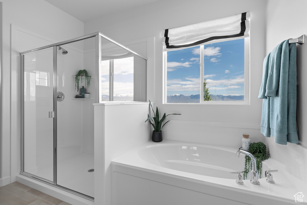 Bathroom with a bath, a stall shower, and plenty of natural light