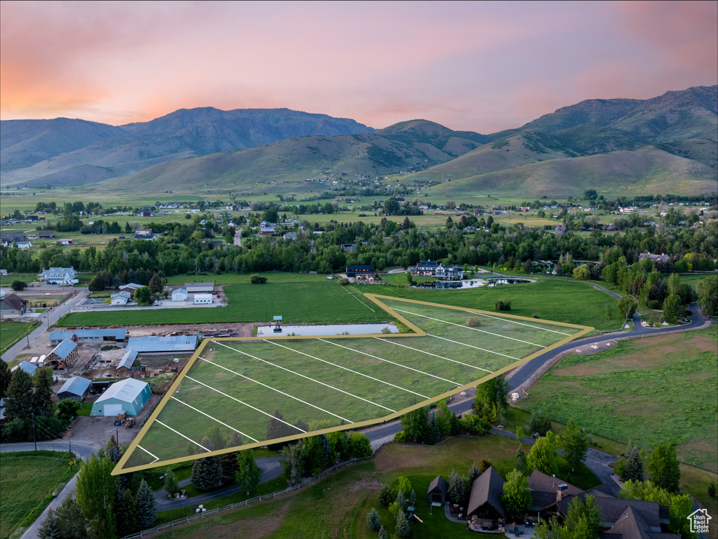 Aerial view at dusk of a mountain view