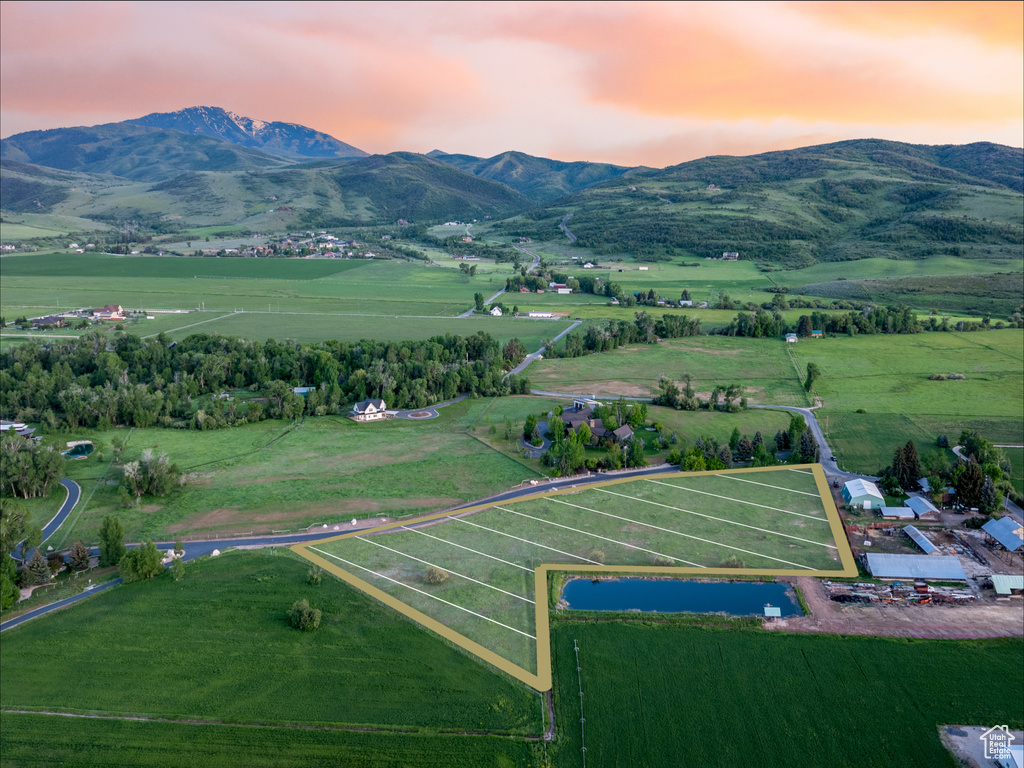 Aerial view at dusk of a rural view and a mountain view