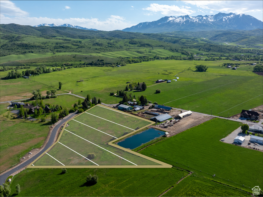 Aerial view of sparsely populated area with a mountain backdrop