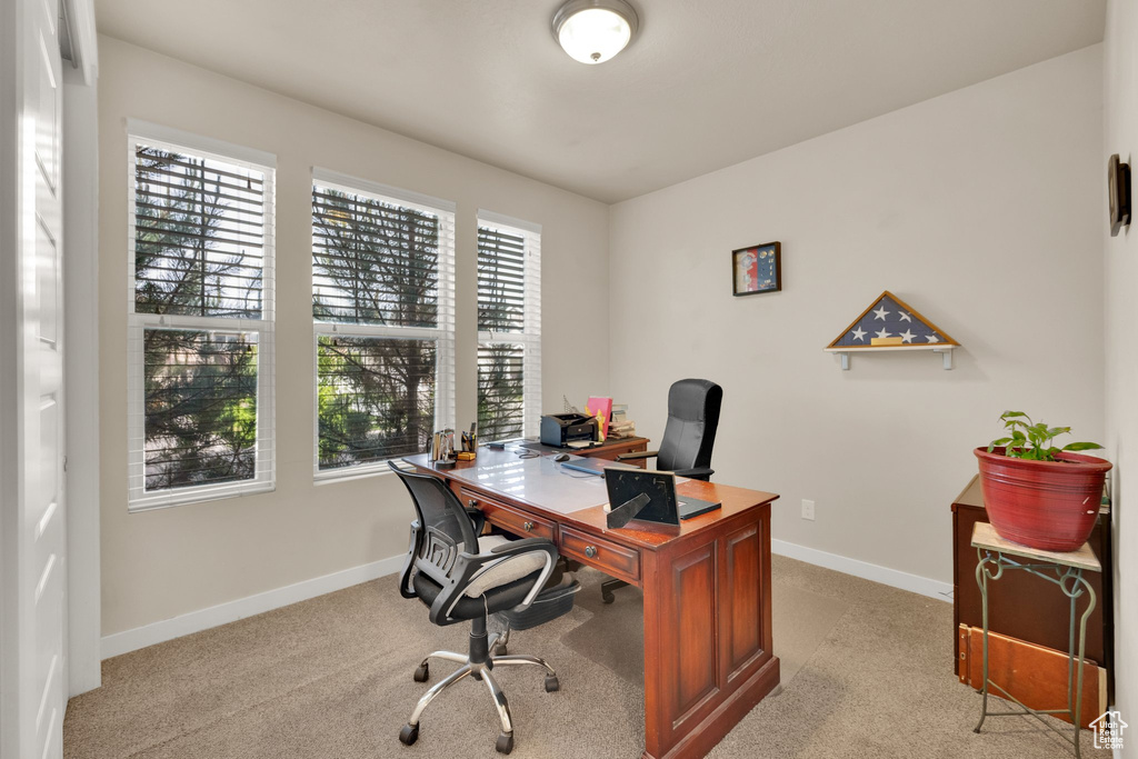 Home office featuring baseboards and light carpet