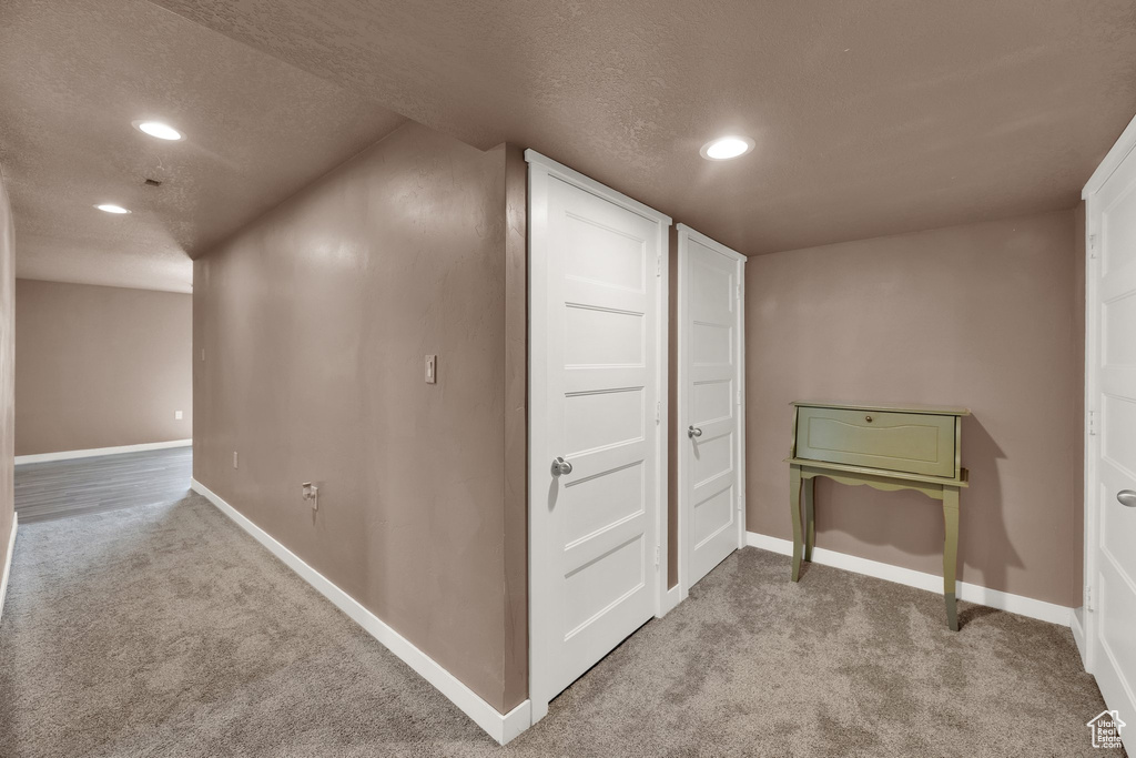 Additional living space featuring carpet floors, baseboards, a textured ceiling, and recessed lighting
