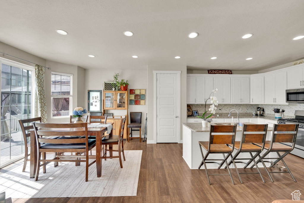 Kitchen featuring stainless steel appliances, dark wood-style flooring, recessed lighting, white cabinetry, and backsplash