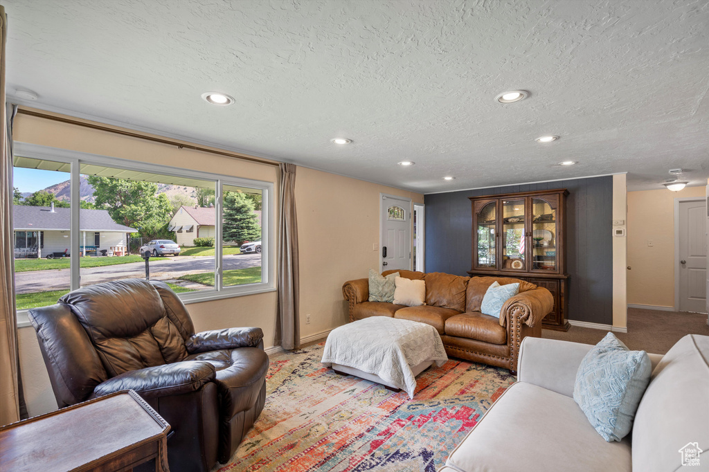 Living area with baseboards, recessed lighting, a textured ceiling, and light carpet