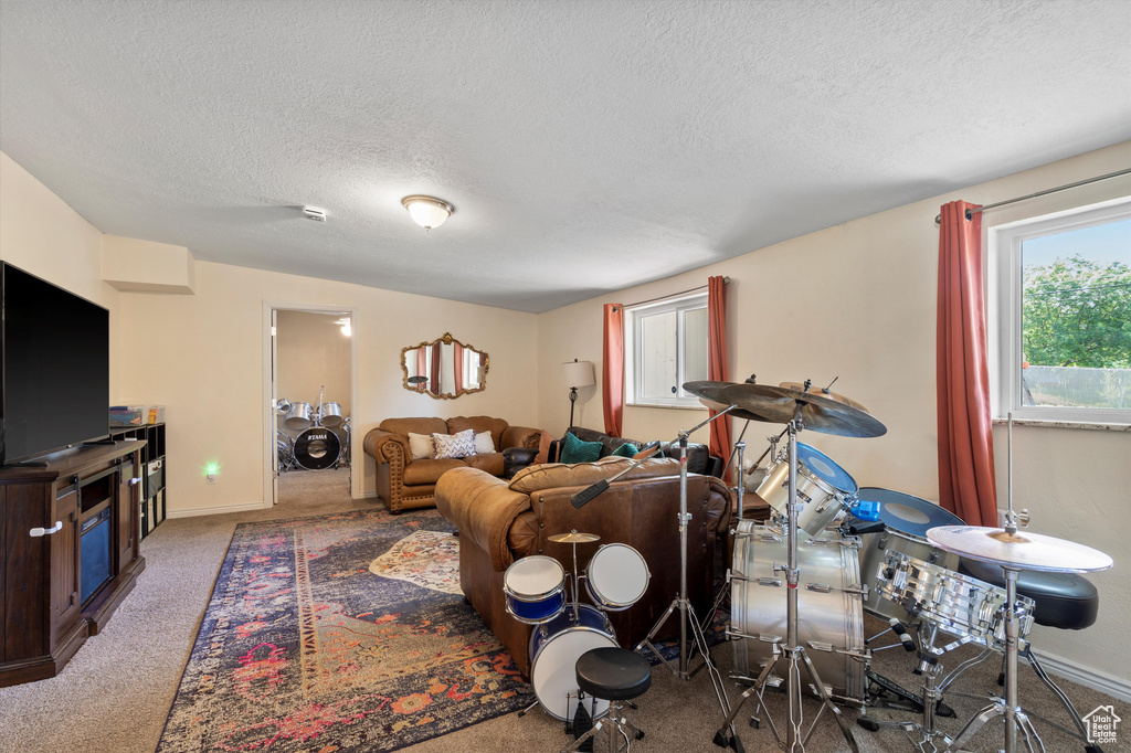 Living room featuring a textured ceiling, carpet floors, and baseboards