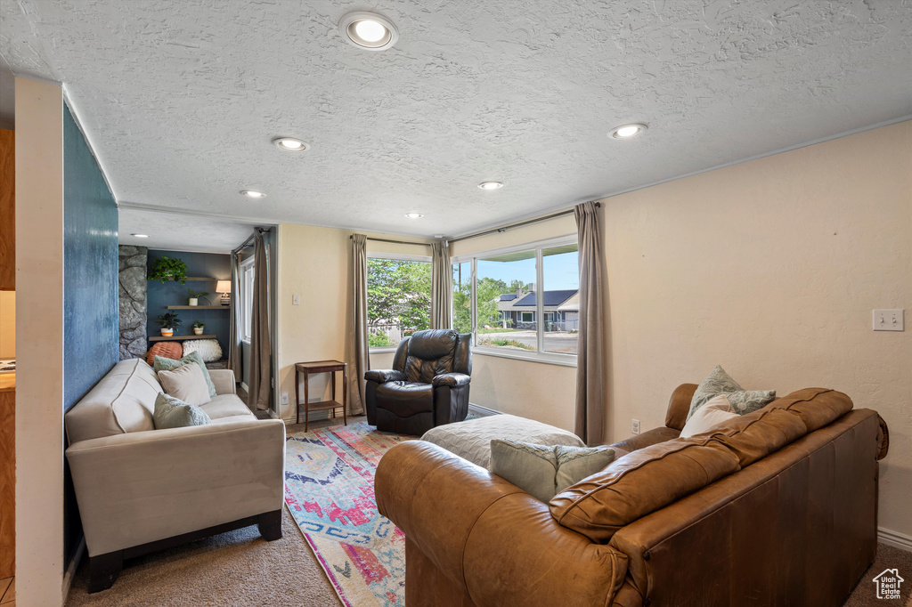 Carpeted living room with a textured ceiling and recessed lighting