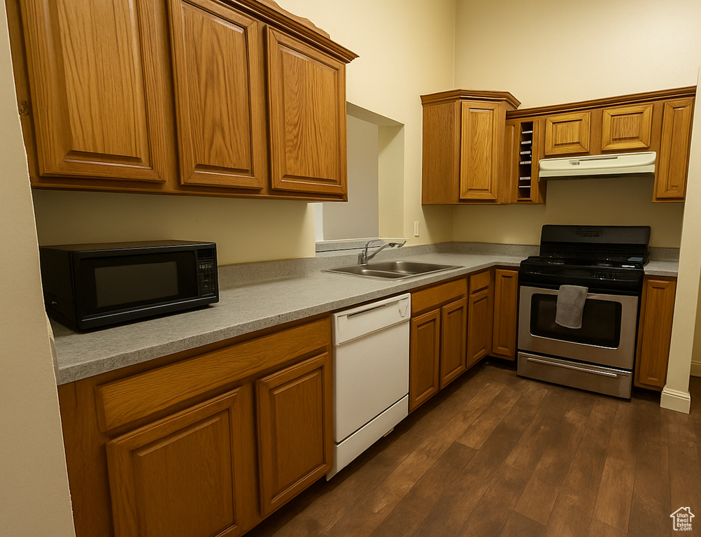 Kitchen with white dishwasher, stainless steel range, ventilation hood, a sink, and black microwave