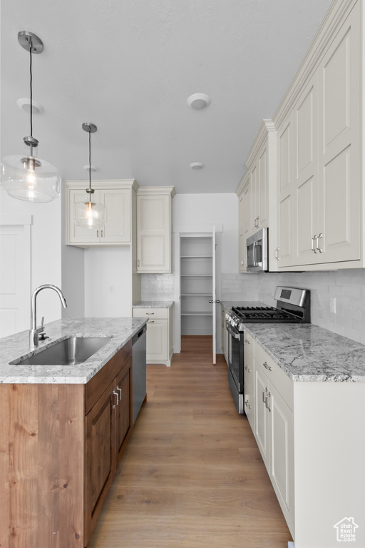 Kitchen featuring appliances with stainless steel finishes, a sink, light wood-type flooring, white cabinets, and backsplash