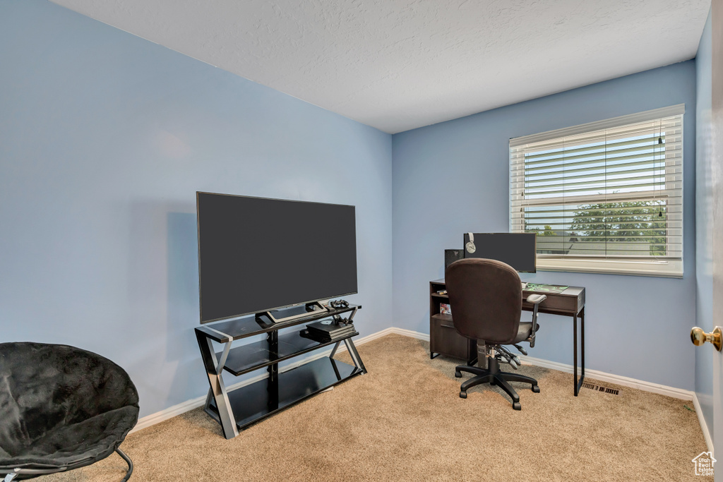 Carpeted home office featuring baseboards and a textured ceiling