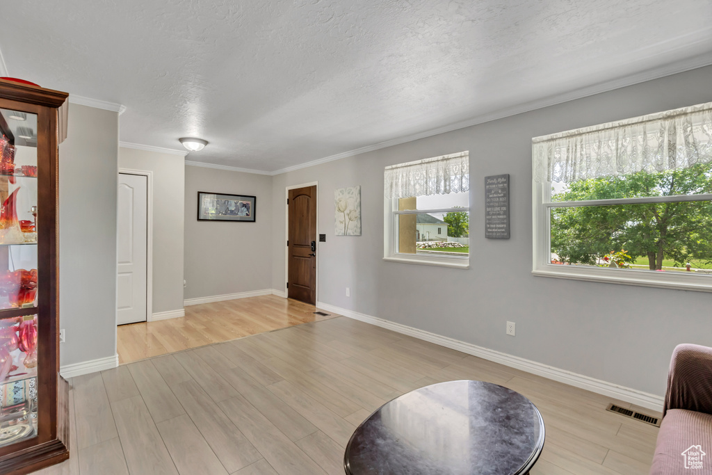 Living area featuring wood finished floors, a textured ceiling, crown molding, and baseboards