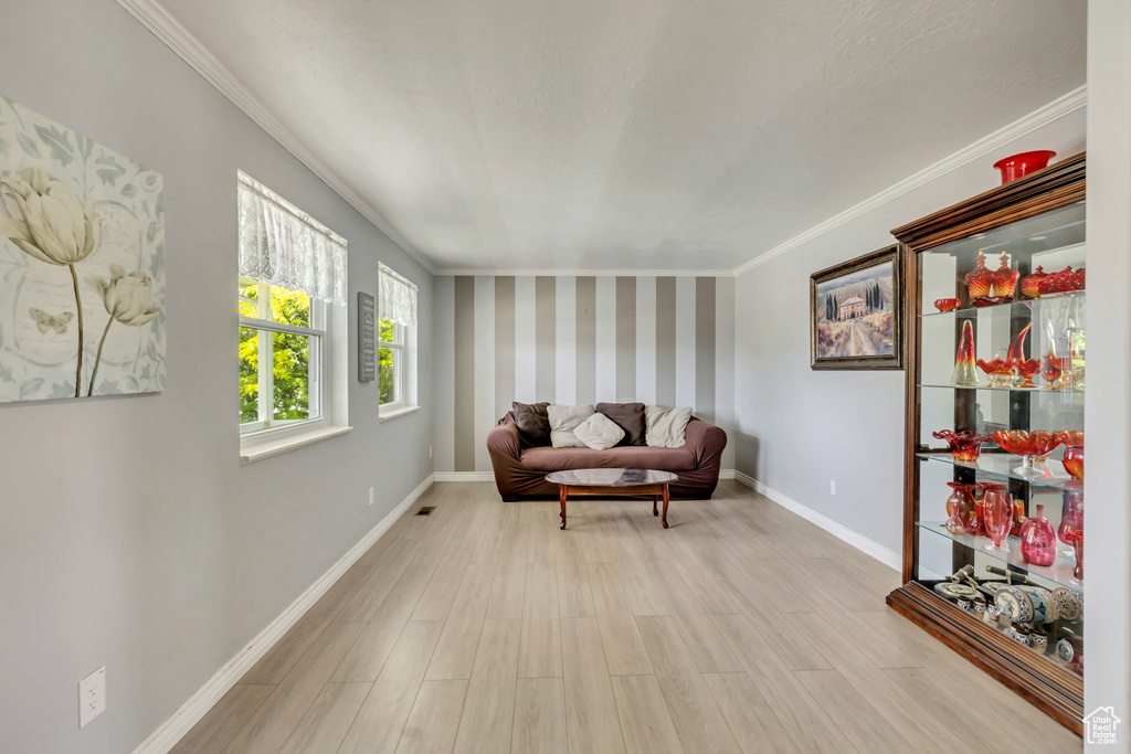 Sitting room featuring crown molding, light wood-style floors, and baseboards