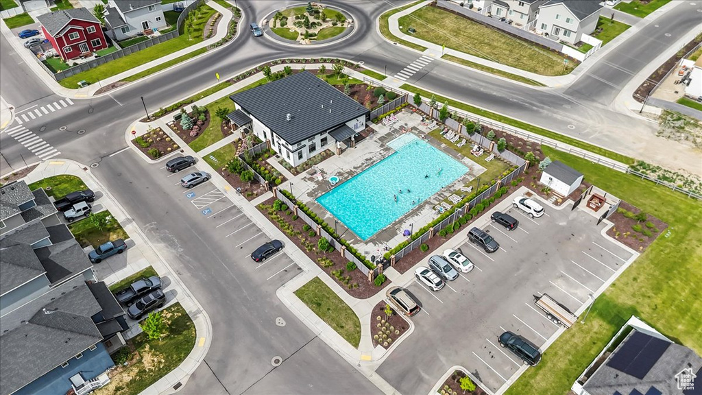 Aerial view of residential area with a pool