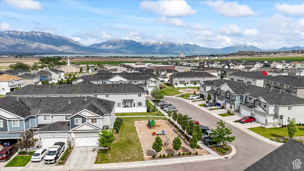 Aerial view of residential area with mountains