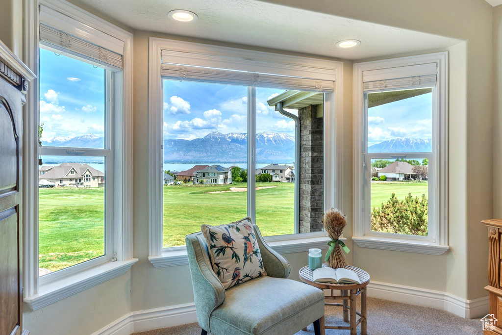 Living area with a mountain view, carpet flooring, plenty of natural light, and baseboards