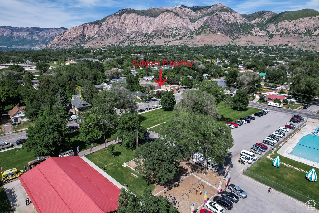 Drone / aerial view of a mountainous background