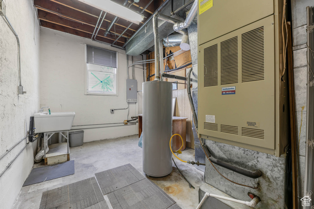 Utilities featuring water heater and heating unit