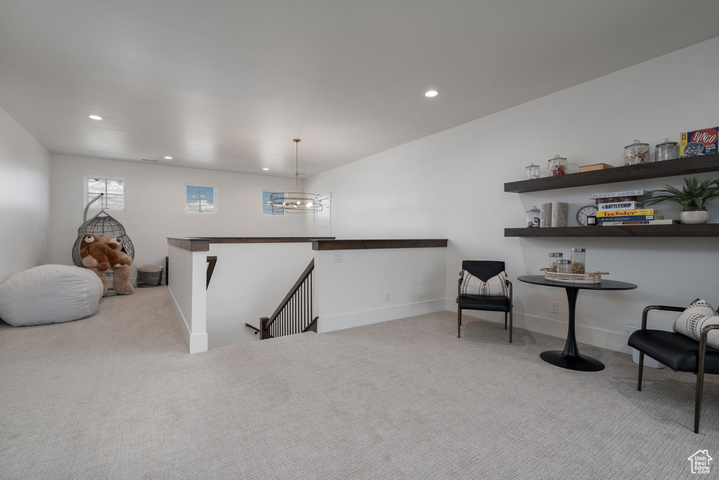 Bar area with carpet, recessed lighting, and baseboards