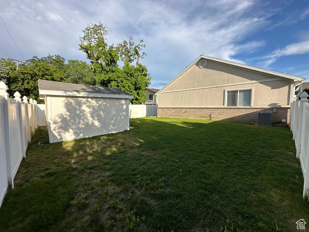 Fenced backyard with a storage unit