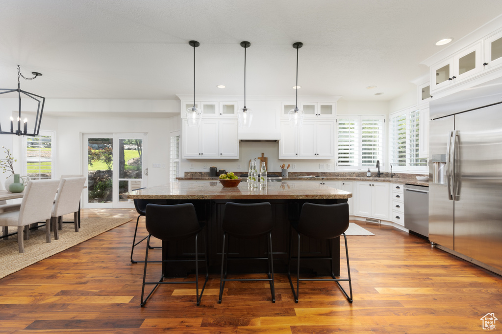 Kitchen with stainless steel appliances, dark stone counters, dark wood-style floors, healthy amount of natural light, and recessed lighting