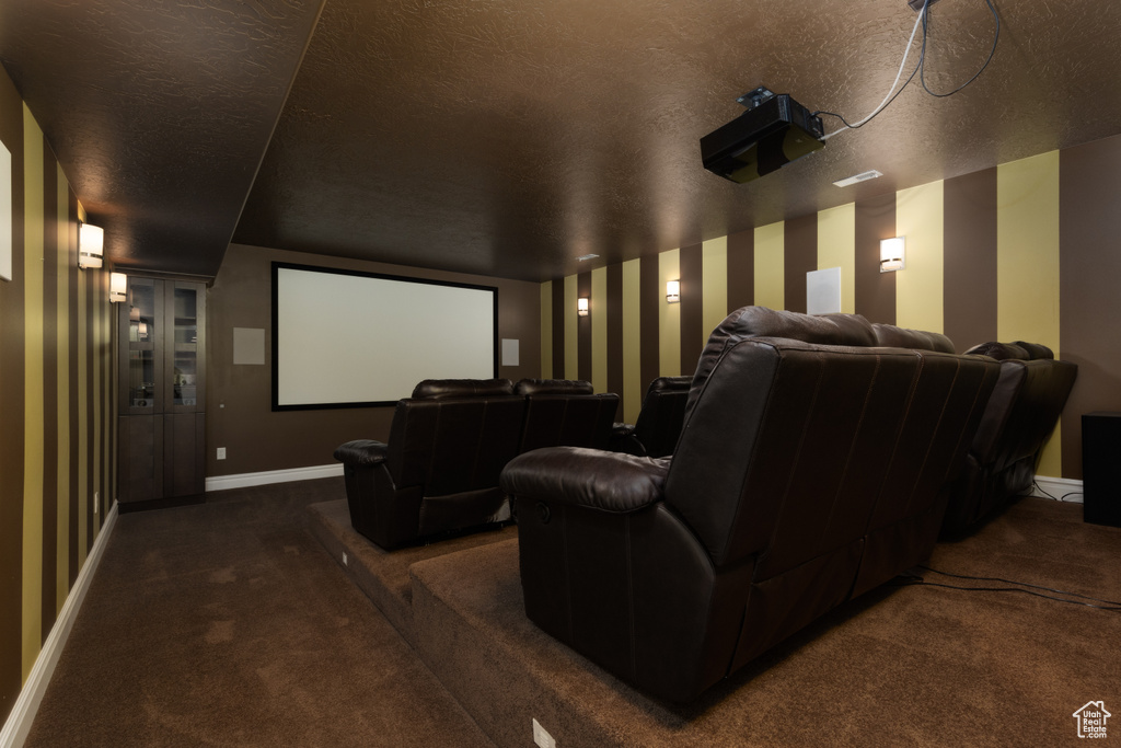 Carpeted home theater with a textured ceiling and baseboards