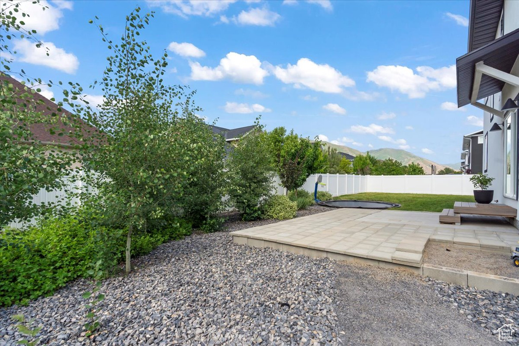 View of patio / terrace with a mountain view