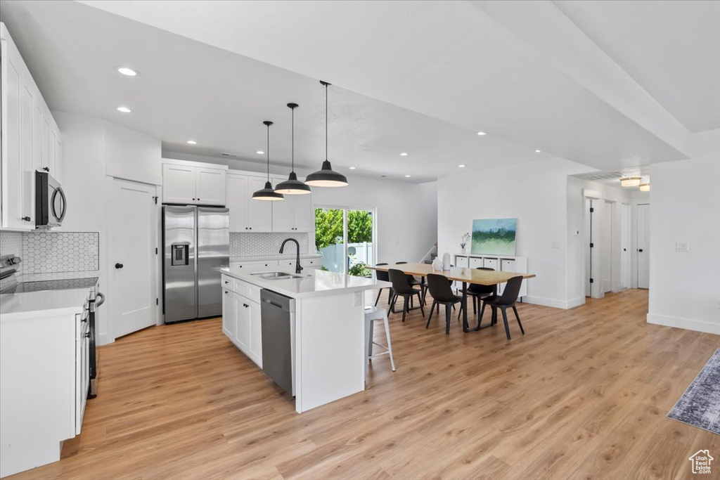 Kitchen featuring appliances with stainless steel finishes, a sink, recessed lighting, white cabinets, and tasteful backsplash