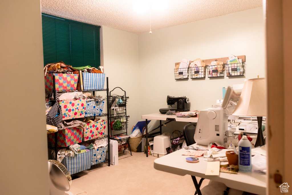 Carpeted home office with a textured ceiling