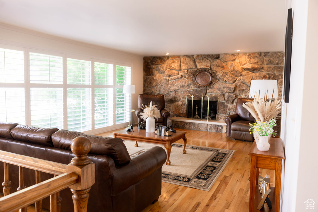 Living room featuring a fireplace and wood finished floors