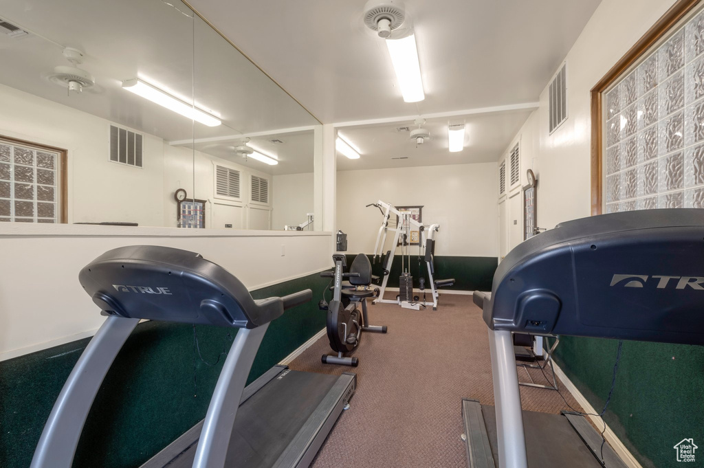 Workout area featuring carpet flooring