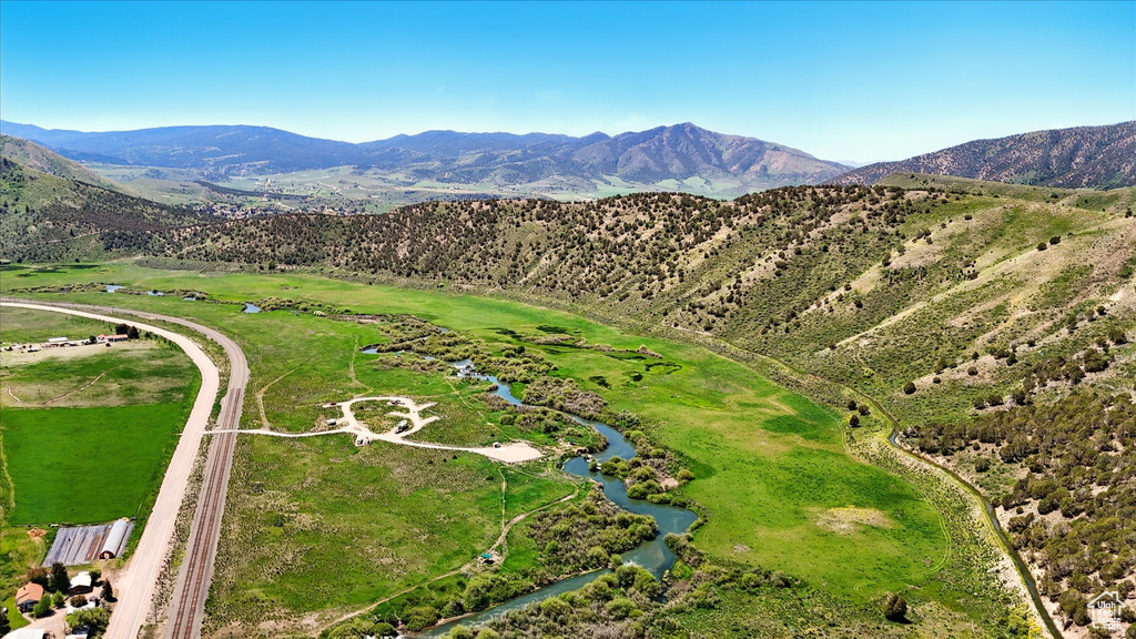 Drone / aerial view of a mountain backdrop