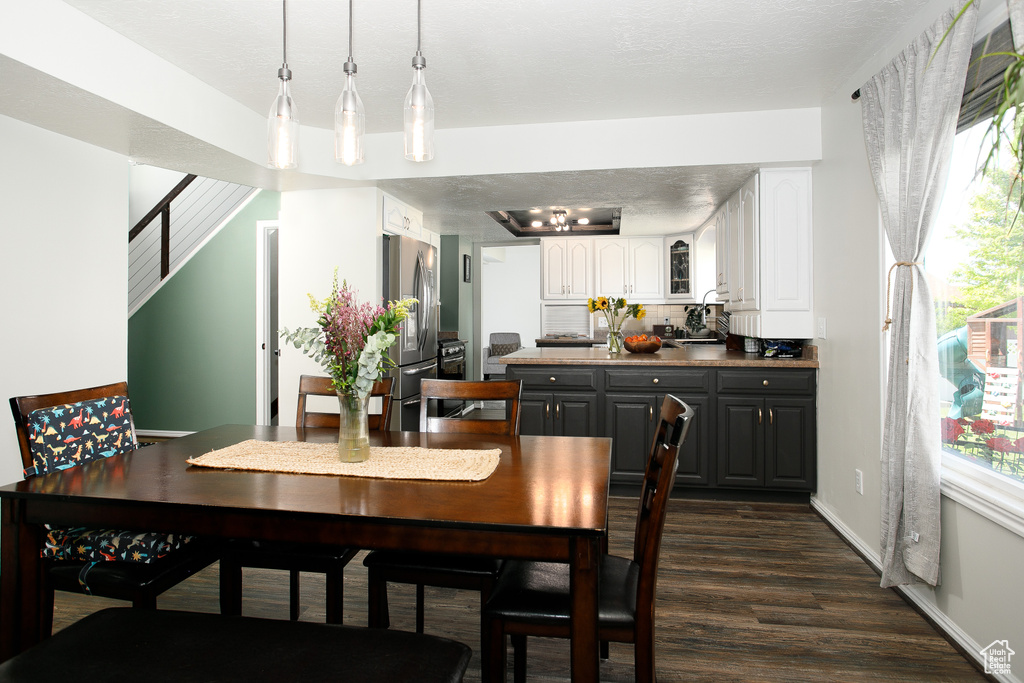 Dining room featuring dark wood-type flooring