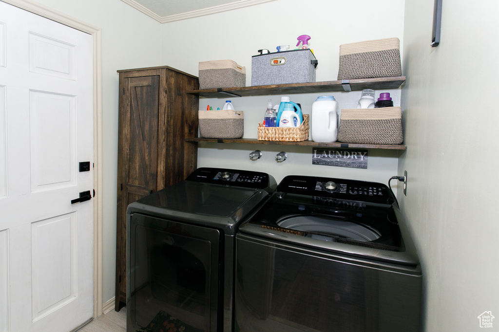 Laundry room with independent washer and dryer and crown molding